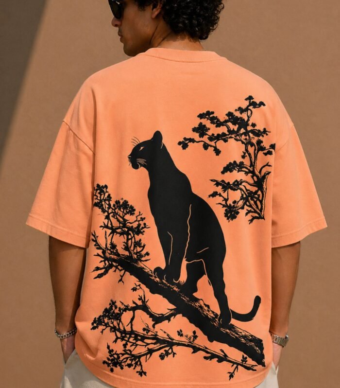 LURI-Supima-Cotton-Unisex-Oversized-TShirt-Black-Panther-Peach-Model-Male-Back-Graphic