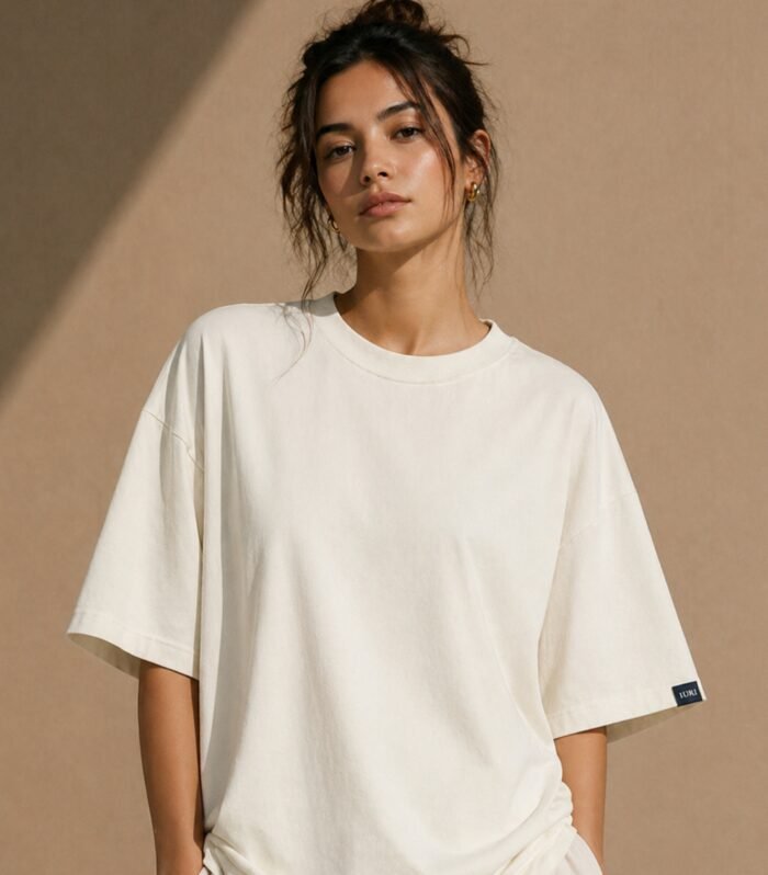 LURI-Supima-Cotton-Unisex-Oversized-TShirt-Cream-Model-Female-Front