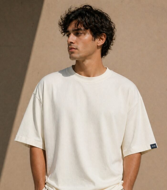 LURI-Supima-Cotton-Unisex-Oversized-TShirt-Cream-Model-Male-Front