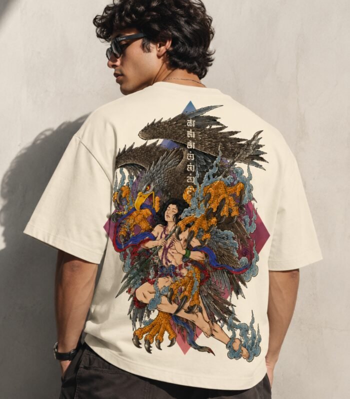 Man wearing LURI Eagle Wrath graphic oversized t-shirt back print – Japanese style eagle and warrior illustration on cream Supima cotton
