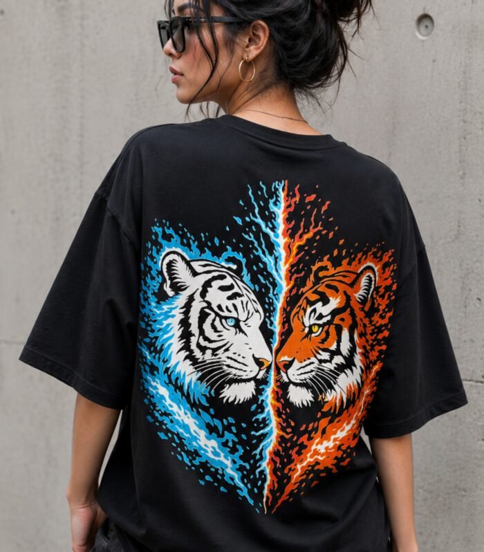 LURI-Supima-Cotton-Unisex-Oversized-TShirt-Fire-and-Ice-Tigers-Model-Female-Back-Graphic