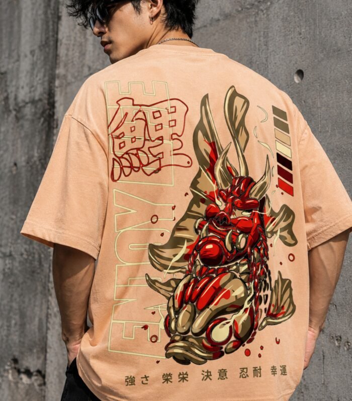 LURI-Supima-Cotton-Unisex-Oversized-TShirt-Koi-Warrior-Peach-Model-Male-Back-Graphic