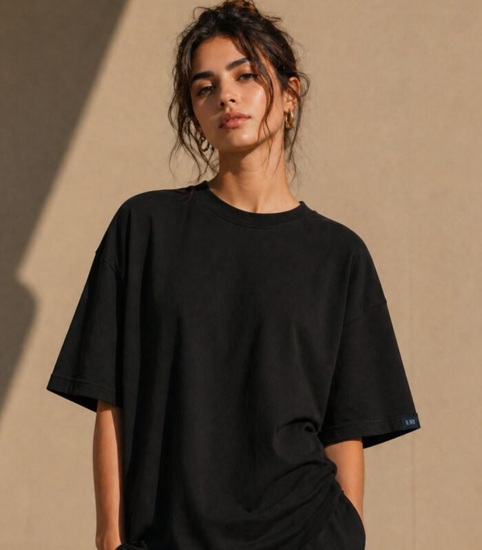 LURI-Supima-Cotton-Unisex-Oversized-TShirt-Midnight-Black-Model-Female-Front