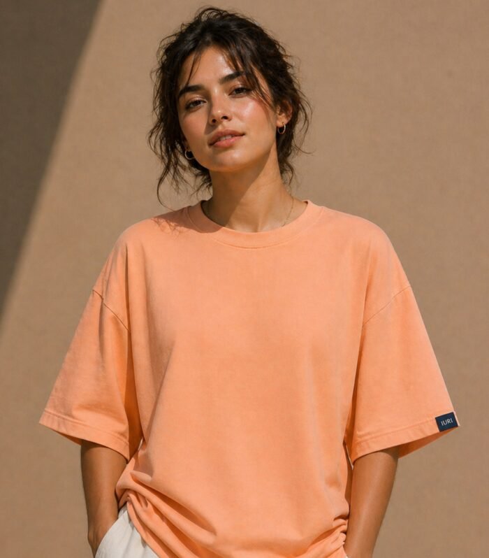 LURI-Supima-Cotton-Unisex-Oversized-TShirt-Peach-Model-Female-Front