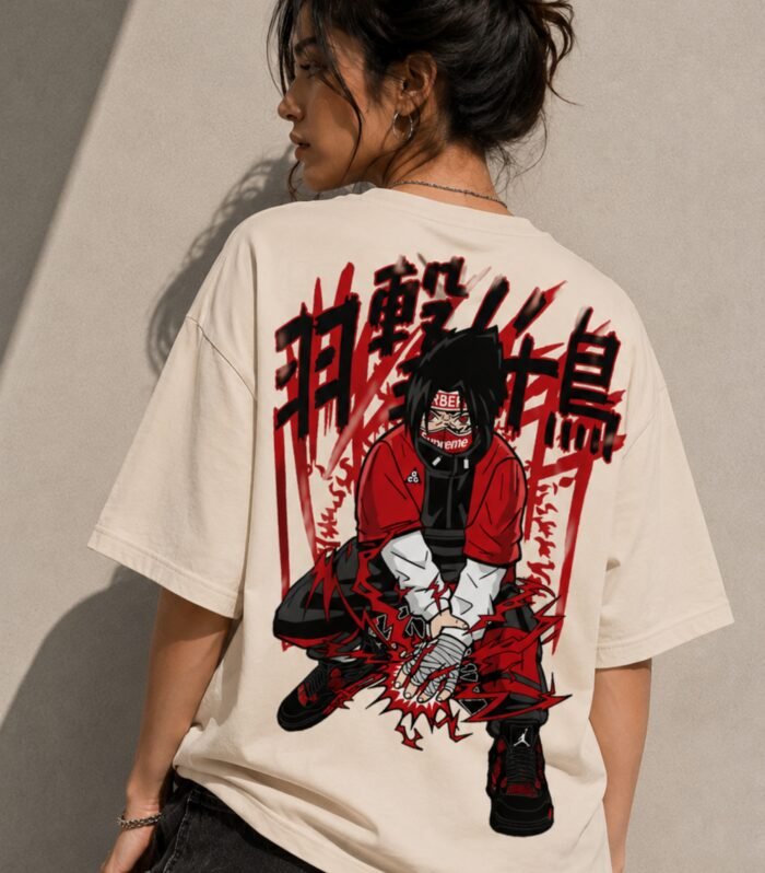 LURI-Supima-Cotton-Unisex-Oversized-TShirt-Street-Ninja-Cream-Model-Male-Back-Graphic